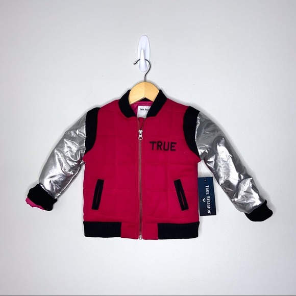 True Religion Bomber Jacket Girls Size 3T Raspberry & Metallic Silver NWT * - Picture 2 of 5